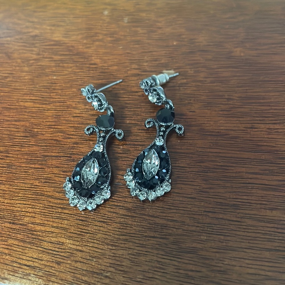 CZ marquis and onyx pierced dangling earrings